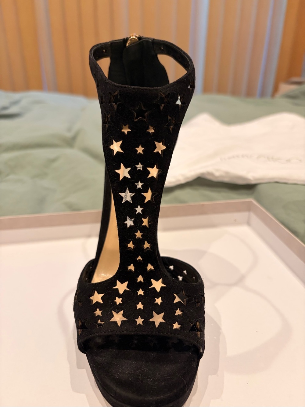 Jimmy Choo Black Star Cutout Suede T-Strap Stilettos - Picture 10 of 16